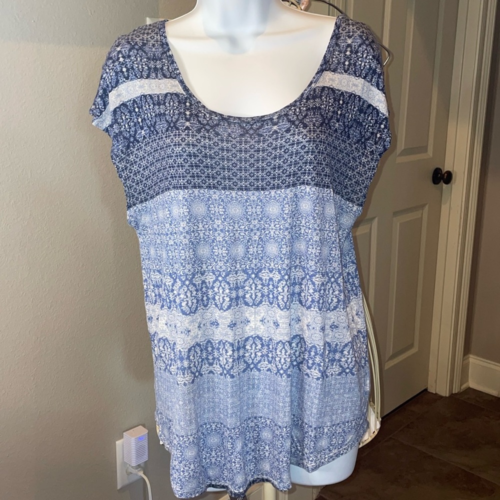Lucky Brand Blue Patterned Bohemian Sleeveless Top (Size L)